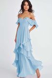 Ruffled Pleated Lilac Off the Shoulder A Line Long Formal Dress