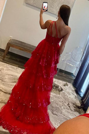 Dark Red A-Line Sequin One Shoulder Tiered Long Prom Dress With Slit