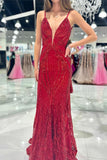 Sparkly Dark Red Spaghetti Straps Mermaid Long Prom Party Dress