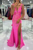 Sparkly Hot Pink Deep V-Neck Mermaid Long Prom Dress With Split