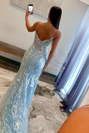 Sequin Light Blue Mermaid Spaghetti Straps Sweep Train Prom Dress