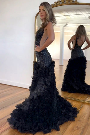 Sequin Black Mermaid V-Neck Long Prom Dress With Slit And Ruffles