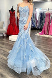 Stunning Blue Spaghetti Straps Lace Up Long Mermaid Prom Dress With Appliques