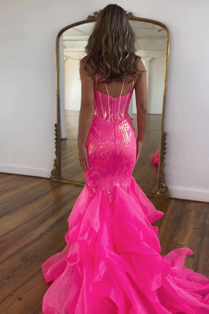 Hot Pink Sequin Long Mermaid Spaghetti Straps Prom Dress With Ruffles