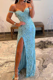 Stunning Off The Shoulder Long Glitter Sequin Mermaid Prom Dress With Split