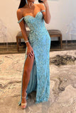 Stunning Off The Shoulder Long Glitter Sequin Mermaid Prom Dress With Split