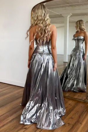 Sparkly Metallic Silver A-Line Sweetheart Long Prom Dress With Slit