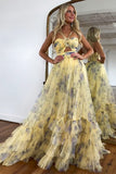 Cute Yellow Long A-Line Halter Neck Tulle Prom Dress With Ruffles