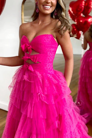 Fuchsia A-Line Sweetheart Tulle Long Prom Dress With Slit And Bowknot