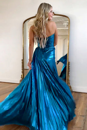 Metallic A-Line Peacock Blue Sweetheart Sweep Train Prom Dress With Slit
