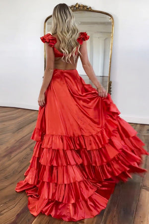 Satin Red A-Line Cutout Waist V-Neck Tiered Prom Dress With Split