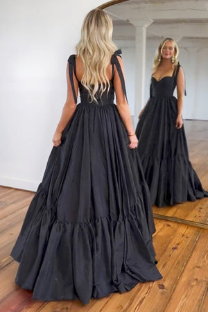 Cute Black A-Line Satin Tie Straps Long Prom Dress