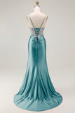 Grey Pink Spaghetti Straps Mermaid Long Prom Dress with Beading