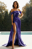 Gold Off The Shoulder Sheath Metallic Satin Prom Dress with Slit