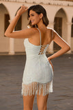 White Sparkly Tight Homecoming Dress With Tassels