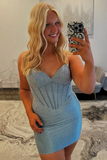 Strapless Grey Blue Beaded Bodycon Short Homecoming Dress