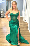Dark Green Corset Tight Pleated Prom Dress with Slit