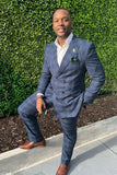 Navy Grid 2 Piece Peak Lapel Men's Homecoming Suits