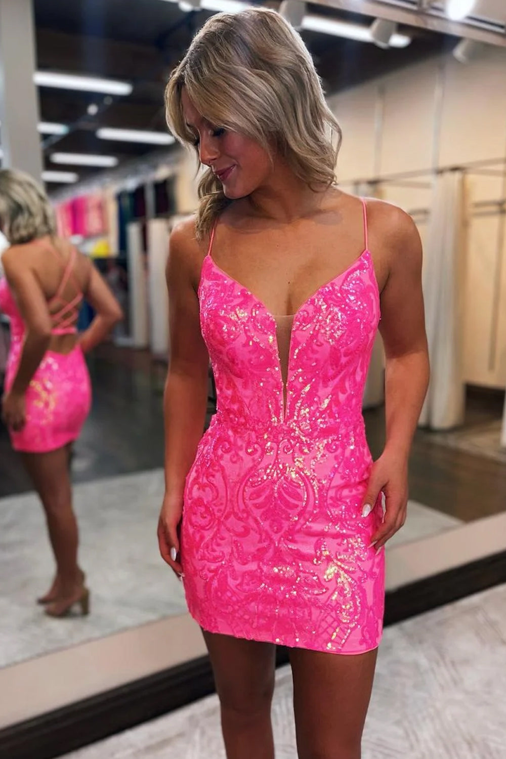 Lvnes Women Trend Hot Pink Lace Up Tight Glitter Homecoming Dress, HOCO  Dress 2023