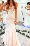 White Keyhole Back Long Mermaid Satin Prom Dress With Appliques