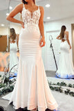 White Keyhole Back Long Mermaid Satin Prom Dress With Appliques