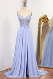 Blue A-Line Double Straps Lace Up Back Long Prom Dress With Split