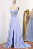 Blue A-Line Double Straps Lace Up Back Long Prom Dress With Split