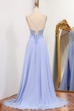 Blue A-Line Double Straps Lace Up Back Long Prom Dress With Split