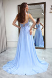 Blue A-Line Double Straps Lace Up Back Long Prom Dress With Split