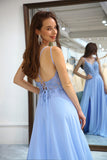 Blue A-Line Double Straps Lace Up Back Long Prom Dress With Split