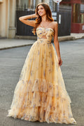 Yellow Halter Pleated Tulle Tiered Long Prom Dress With Embroidery