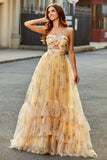 Yellow Halter Pleated Tulle Tiered Long Prom Dress With Embroidery