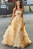 Yellow Halter Pleated Tulle Tiered Long Prom Dress With Embroidery