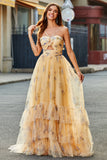 Yellow Halter Pleated Tulle Tiered Long Prom Dress With Embroidery