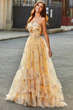 Yellow Halter Pleated Tulle Tiered Long Prom Dress With Embroidery