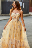Yellow Halter Pleated Tulle Tiered Long Prom Dress With Embroidery