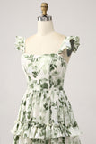 Green Floral Ruffles Tiered Prom Dress with Slit