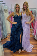 Corset Navy A Line Tiered Prom Dress with Slit