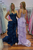 Corset Navy A Line Tiered Prom Dress with Slit