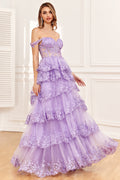 Princess A Line Off the Shoulder Pink Long Prom Dress with Appliques