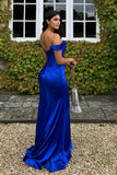 Royal Blue Off Shoulder Corset Tight Prom Dress with Slit