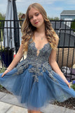 Elegant Grey Blue A Line V Neck Corset Short Homecoming Dress with Lace Up Back