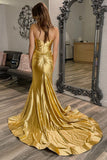 Golden Satin Mermaid Corset Strapless Pleated Prom Dress with Slit