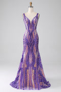 Sparkly Dark Purple Mermaid V Neck Sequins Long Prom Dress with Open Back