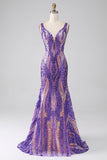 Sparkly Dark Purple Mermaid V Neck Sequins Long Prom Dress with Open Back