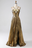 Gold Metallic A-Line Halter Neck Long Prom Dress With Slit