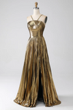 Gold Metallic A-Line Halter Neck Long Prom Dress With Slit