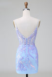 Sparkly Lilac Blue Corset Open Back Sequins Short Homecoming Dress With Embroidery