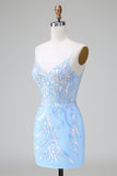 Sparkly Lilac Blue Corset Open Back Sequins Short Homecoming Dress With Embroidery