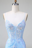 Sparkly Lilac Blue Corset Open Back Sequins Short Homecoming Dress With Embroidery